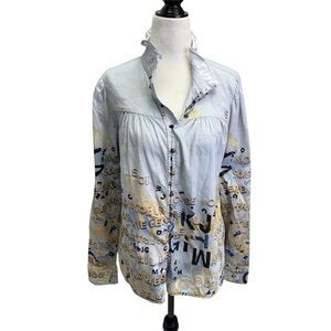 Dolcezza Stylish Women's Blue and Gold Button Front Top Blouse Size S